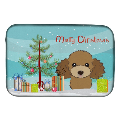 Caroline's Treasures BB1628DDM Christmas Tree and Chocolate Brown Poodle Dish Drying Mat, 14 x 21", multicolor