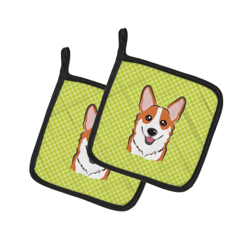 Caroline's Treasures BB1316PTHD Checkerboard Lime Green Corgi Pair of Pot Holders, 7.5HX7.5W, multicolor