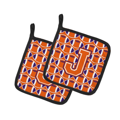 Caroline's Treasures CJ1072-JPTHD Letter J Football Orange, White and Regalia Pair of Pot Holders, 7.5HX7.5W, multicolor
