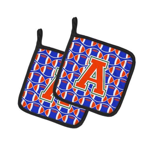 Caroline's Treasures CJ1083-APTHD Letter A Football Green, Blue and Orange Pair of Pot Holders, 7.5HX7.5W, multicolor