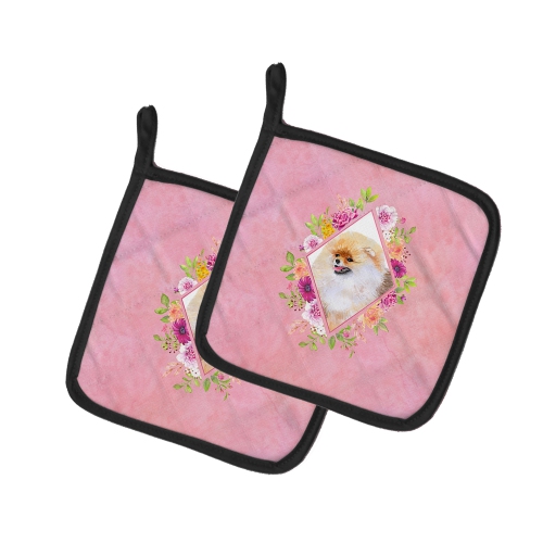 Caroline's Treasures CK4170PTHD Pomeranian #2 Pink Flowers Pair of Pot Holders, 7.5HX7.5W, multicolor