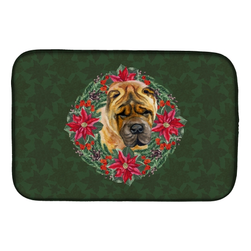 Caroline's Treasures CK1527DDM Shar Pei Poinsetta Wreath Dish Drying Mat, 14 x 21", multicolor