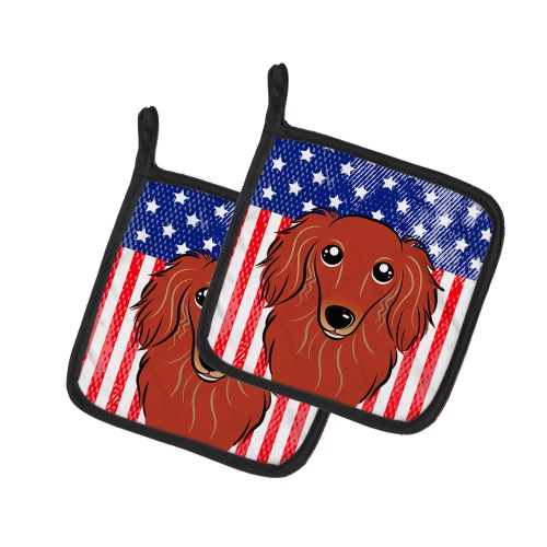 Caroline's Treasures BB2144PTHD American Flag and Longhair Red Dachshund Pair of Pot Holders, 7.5HX7.5W, multicolor