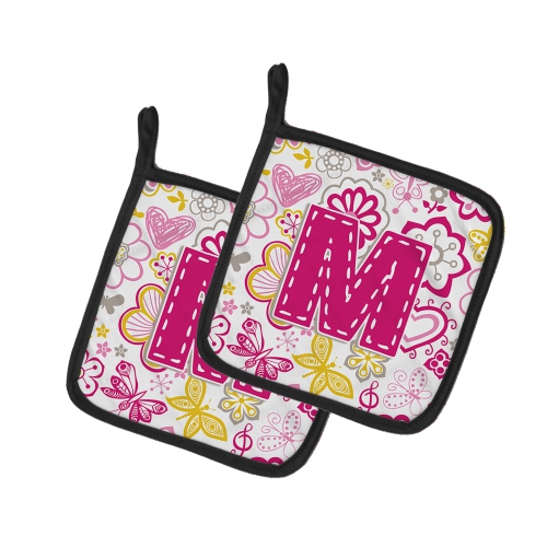 Caroline's Treasures CJ2005-MPTHD Letter M Flowers and Butterflies Pink Pair of Pot Holders, 7.5HX7.5W, multicolor
