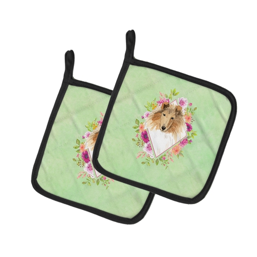 Caroline's Treasures CK4376PTHD Collie Green Flowers Pair of Pot Holders, 7.5HX7.5W, multicolor