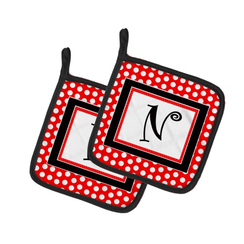 Caroline's Treasures CJ1012-NPTHD Letter N Initial - Red Black Polka Dots Pair of Pot Holders, 7.5HX7.5W, multicolor