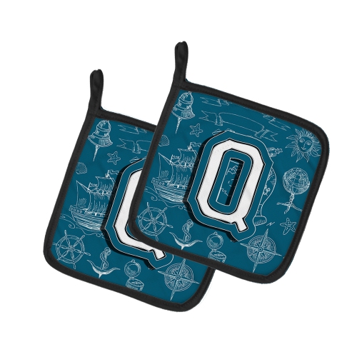 Caroline's Treasures CJ2014-QPTHD Letter Q Sea Doodles Initial Alphabet Pair of Pot Holders, 7.5HX7.5W, multicolor