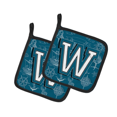 Caroline's Treasures CJ2014-WPTHD Letter W Sea Doodles Initial Alphabet Pair of Pot Holders, 7.5HX7.5W, multicolor
