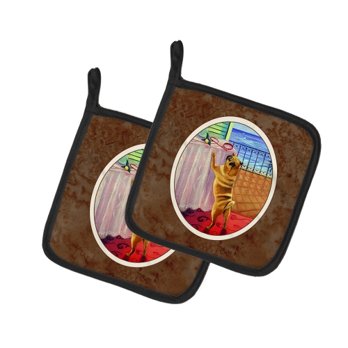 Caroline's Treasures 7027PTHD Helping Himself Fawn Pug Pair of Pot Holders, 7.5HX7.5W, multicolor