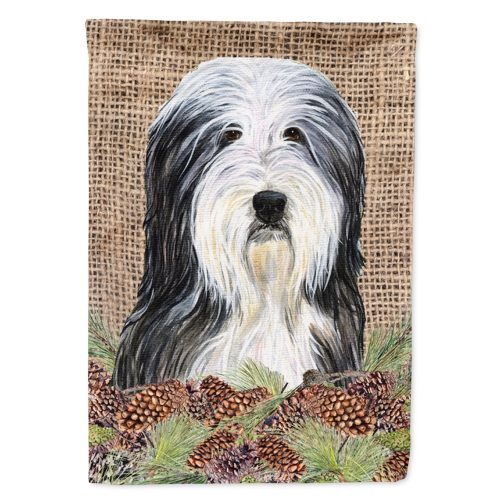 Caroline's Treasures SS4087GF Bearded Collie on Faux Burlap with Pine Cones Flag Garden Size, Small, multicolor