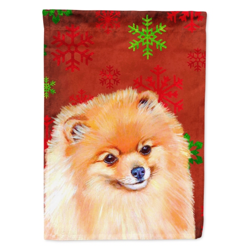 Caroline's Treasures LH9350GF Pomeranian Red and Green Snowflakes Holiday Christmas Flag Garden Size, Small, multicolor