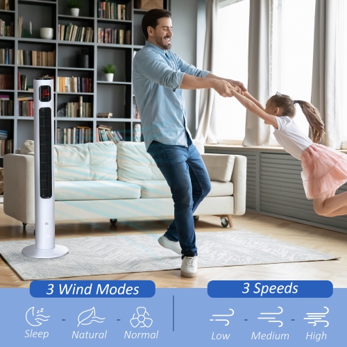 Ventilateur vertical de 46&nbsp;po de HOMCOM pour chambre à coucher, ventilateur oscillant sur pied sans pales à 70° avec 3 vitesses, 3 modes,