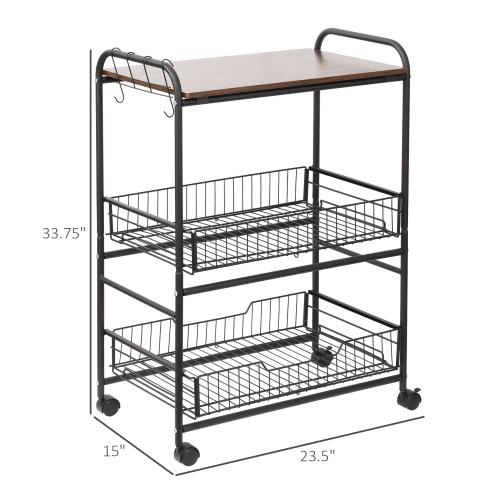 HOMCOM Rolling Kitchen Cart, 3-Tier Utility Storage Cart with 2 Basket Drawers & Side Hooks, Lockable Casters for Dining Room