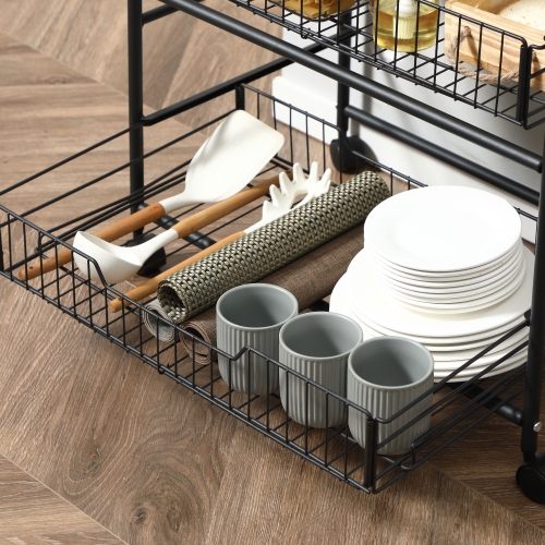 HOMCOM Rolling Kitchen Cart, 3-Tier Utility Storage Cart with 2 Basket Drawers & Side Hooks, Lockable Casters for Dining Room