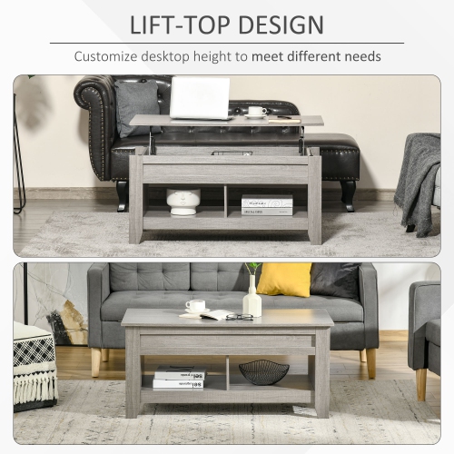 HOMCOM Lift Top Coffee Table with Hidden Storage Compartment and Open Shelves, Lift Tabletop Pop-Up Center Table for Living Room, Light Grey