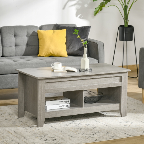 HOMCOM Lift Top Coffee Table with Hidden Storage Compartment and Open Shelves, Lift Tabletop Pop-Up Center Table for Living Room, Light Grey