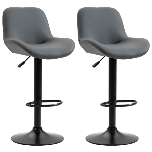 HOMCOM PU Leather Bar Stools Set of 2, Adjustable Height Swivel Bar Chairs with Footrest for Home Pub Area, Grey