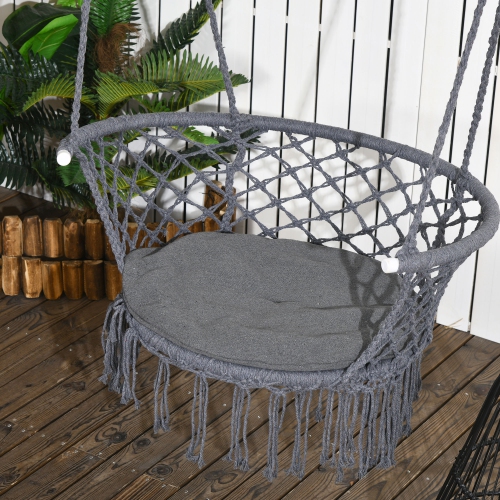 Chaise-hamac suspendue Outsunny, balançoire-hamac en corde de coton avec cadre et coussin en métal, grand siège en macramé pour patio, jardin,
