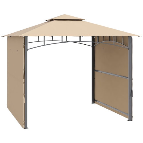 Abri de jardin Outsunny de 10 x 10 pi avec auvent extensible, abri à toit ventilé double et cadre en acier, pour pelouse, jardin et terrasse, beige