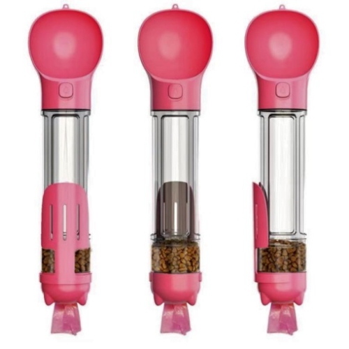 TopSave Multifunctional Pet Water Drinking Bottle Drink Cup Dish Bowl Dispenser for Outdoor Activities, 4in1 500ml-Pink