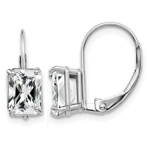 GEM AND HARMONY  7X5MM Emerald Cut Synthetic Cubic Zirconia (Cz) (Cz) Leverback Earrings In 14K Gold In White