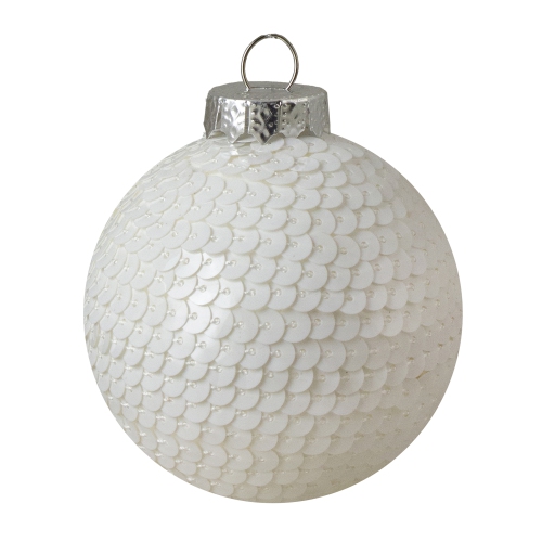 4ct White Sequined Shiny Christmas Ball Ornaments 2.75"