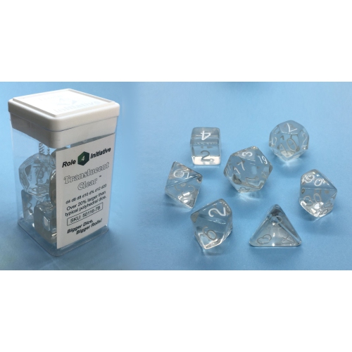 Role 4 Initiative Set of 7 Dice: Polyhedral Translucent Clear with White Numbers
