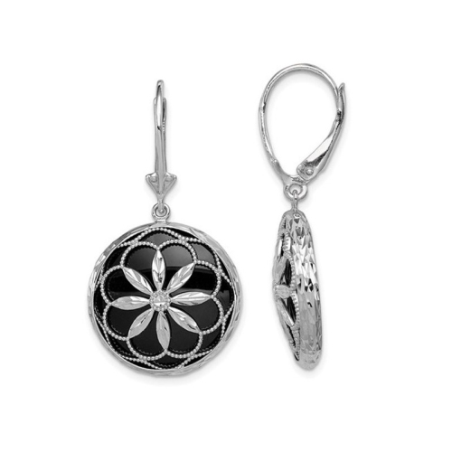 Black Onyx Dangle Filigree Earrings in Sterling Silver