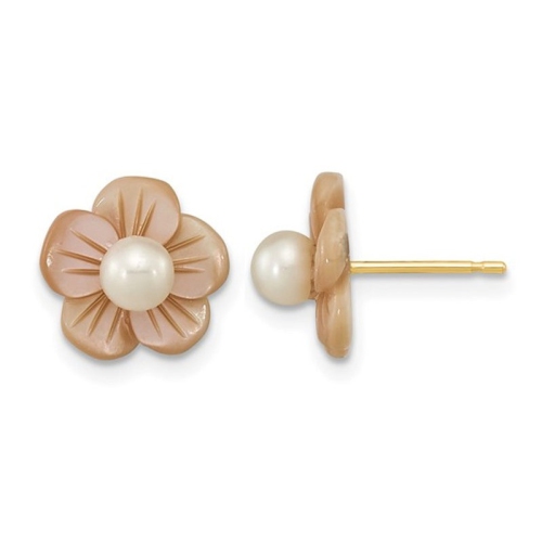GEM AND HARMONY  Freshwater Cultured Pearl And Mother Of Pearl Flower Earrings In 14K Gold In Yellow