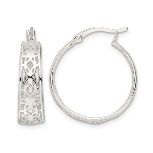 GEM AND HARMONY  Sterling Floral Polished Hoop Earrings In Silver