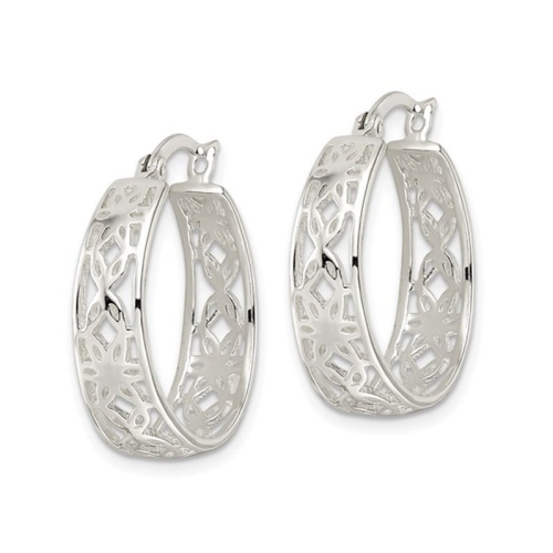 Sterling Silver Floral Polished Hoop Earrings