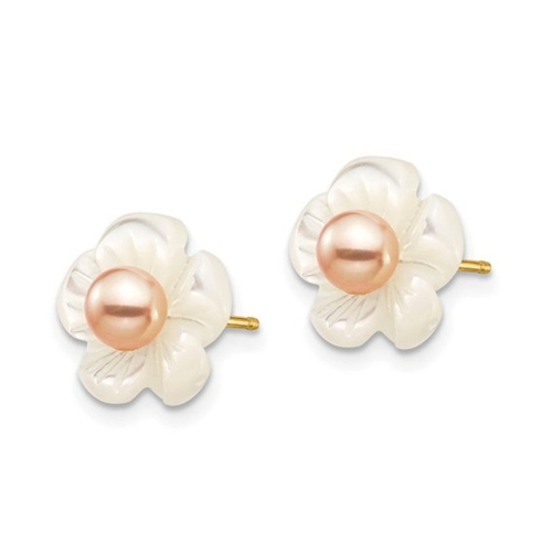 Freshwater Cultured Pearl & Mother of Pearl Flower Earrings in 14K Yellow Gold