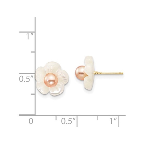 Freshwater Cultured Pearl & Mother of Pearl Flower Earrings in 14K Yellow Gold