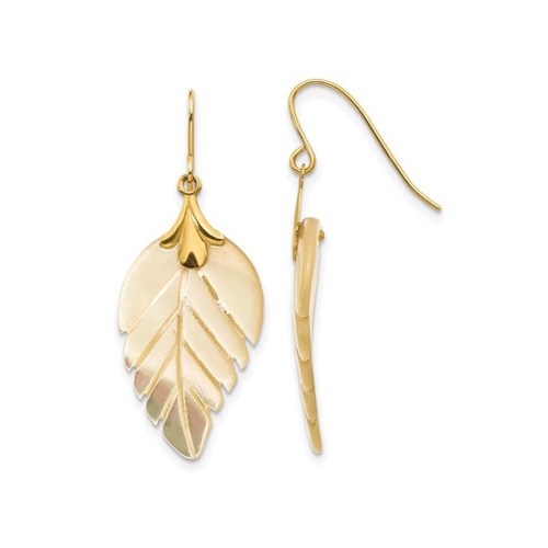 14K Yellow Gold Mother of Pearl Leaf Dangle Earrings