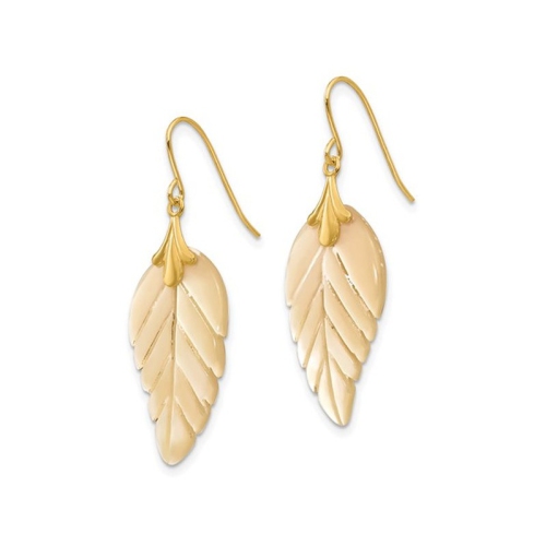 14K Yellow Gold Mother of Pearl Leaf Dangle Earrings