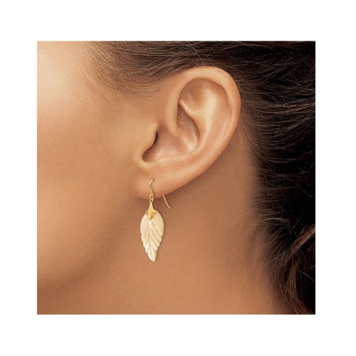 14K Yellow Gold Mother of Pearl Leaf Dangle Earrings