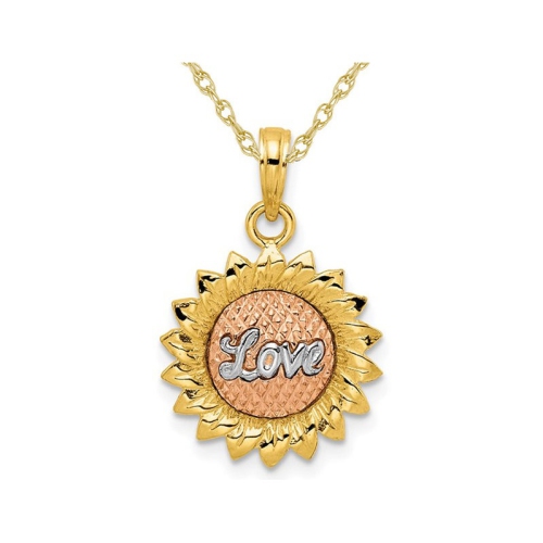 14K Yellow, White and Pink Gold LOVE Flower Charm Pendant Necklace with Chain