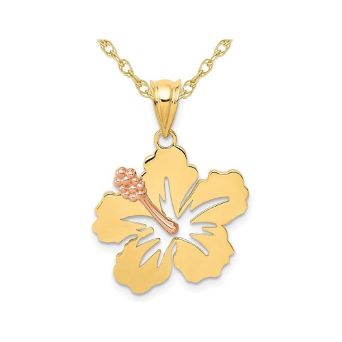 GEM AND HARMONY  14K And Rose Gold Hibiscus Flower Pendant Necklace Charm With Chain In Yellow