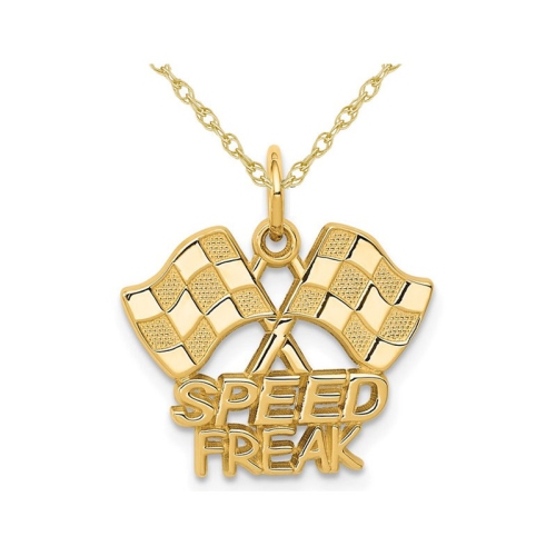 GEM AND HARMONY  14K Gold Racing Flags Speed Freak Charm Pendant Necklace With Chain In Yellow