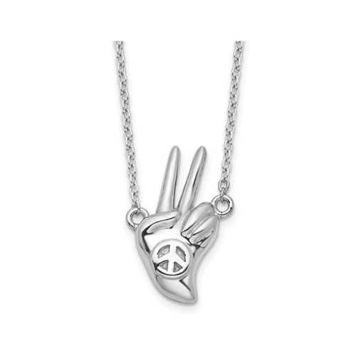 Peace Sign Hand Pendant Necklace in Sterling Silver with Chain