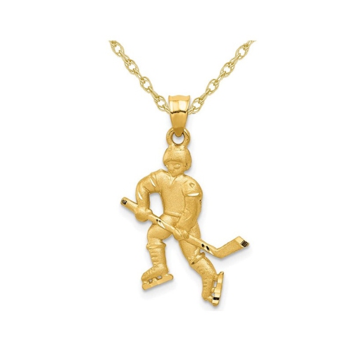 GEM AND HARMONY  14K Gold Hockey Player With Stick & Puck Charm Pendant Necklace With Chain In Yellow
