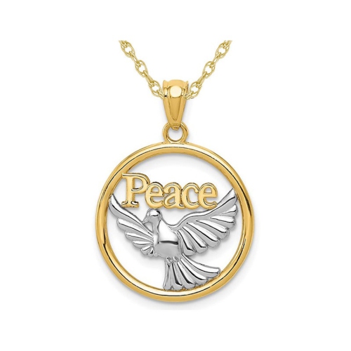 14K Yellow and White Gold Peace Dove Circle Charm Pendant Necklace with Chain