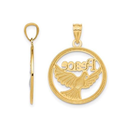 14K Yellow and White Gold Peace Dove Circle Charm Pendant Necklace with Chain