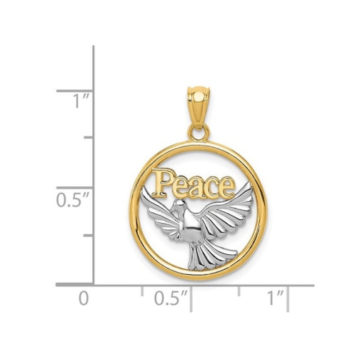 14K Yellow and White Gold Peace Dove Circle Charm Pendant Necklace with Chain
