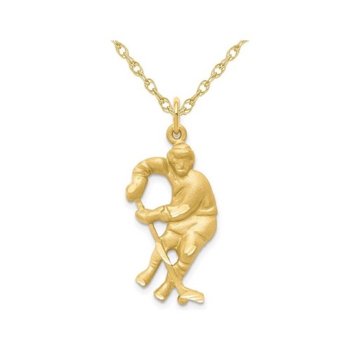 GEM AND HARMONY  10K Gold Hockey Player With Stick & Puck Charm Pendant Necklace With Chain In Yellow