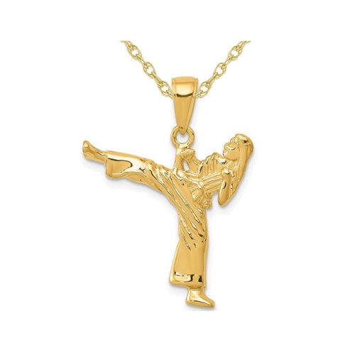 GEM AND HARMONY  14K Gold Karate Kick Master Girl Charm Pendant Necklace With Chain In Yellow