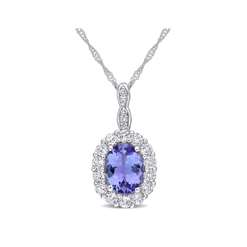 GEM AND HARMONY  1.80 Carat (Ctw) Tanzanite And Topaz Halo Pendant Necklace In 14K Gold With Chain In White