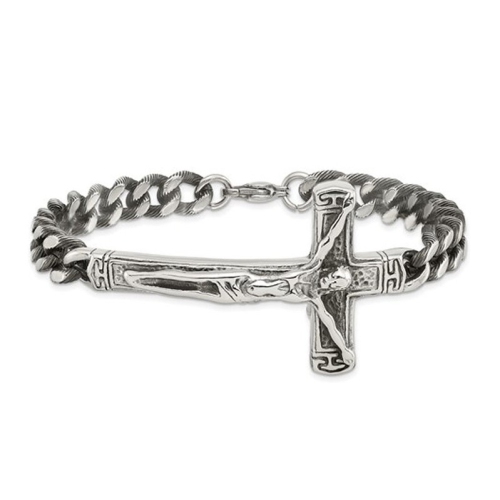 GEM AND HARMONY  Mens Stainless Steel Antiqued Cross Bracelet (8.75 Inches) In Multicolor