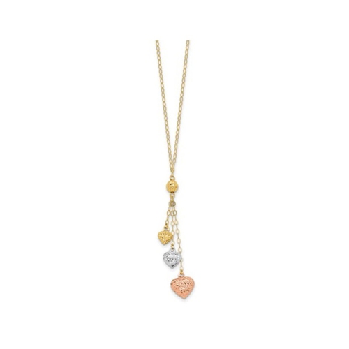 14K Rose, White, Yellow Gold Triple Heart Lariat Necklace
