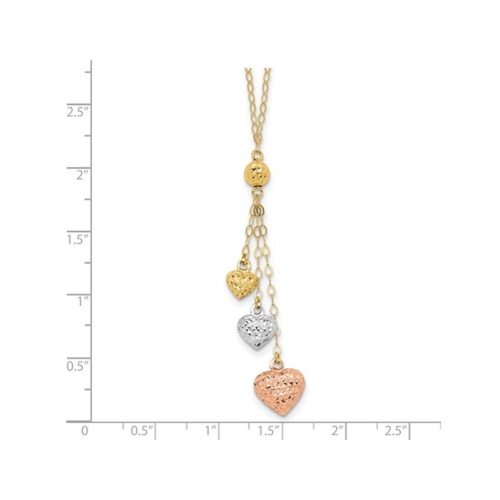 14K Rose, White, Yellow Gold Triple Heart Lariat Necklace